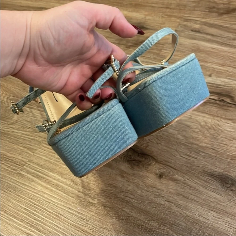 So Me Vintage Blue Denim Rhinestone Ankle Strappy Platform Heels